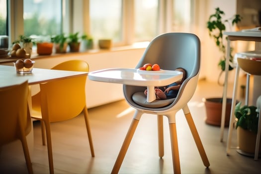 Conventional baby feeding chair in the dining table at home or kitchen. Child high chair furniture concept by AI Generated photo
