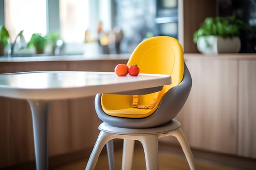 Conventional baby feeding chair in the dining table at home or kitchen. Child high chair furniture concept by AI Generated photo