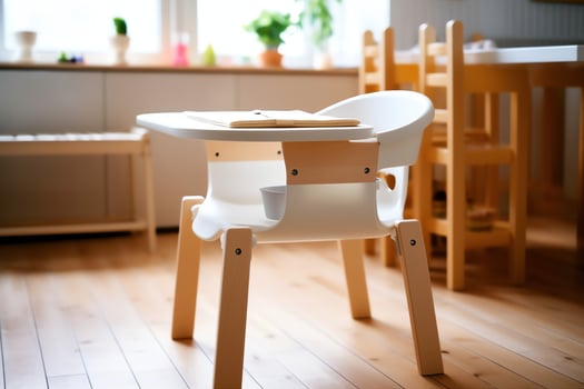 Conventional baby feeding chair in the dining table at home or kitchen. Child high chair furniture concept by AI Generated photo