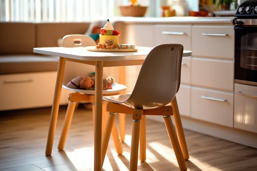Conventional baby feeding chair in the dining table at home or kitchen. Child high chair furniture concept by AI Generated photo