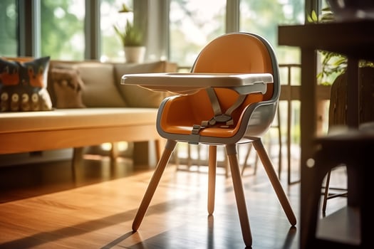 Conventional baby feeding chair in the dining table at home or kitchen. Child high chair furniture concept by AI Generated photo