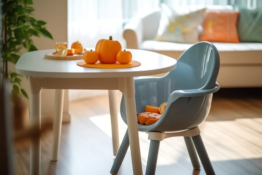 Conventional baby feeding chair in the dining table at home or kitchen. Child high chair furniture concept by AI Generated photo