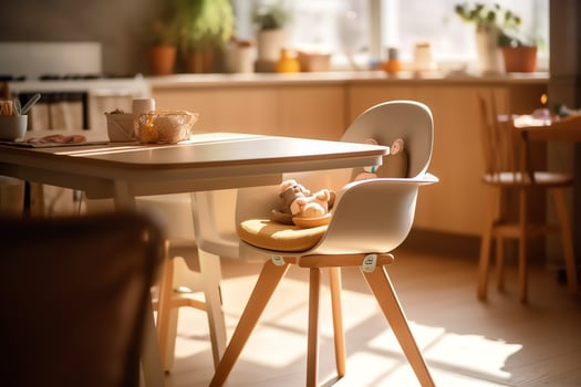 Conventional baby feeding chair in the dining table at home or kitchen. Child high chair furniture concept by AI Generated photo