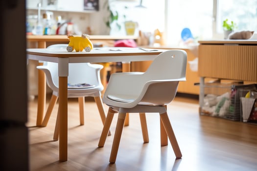 Conventional baby feeding chair in the dining table at home or kitchen. Child high chair furniture concept by AI Generated photo