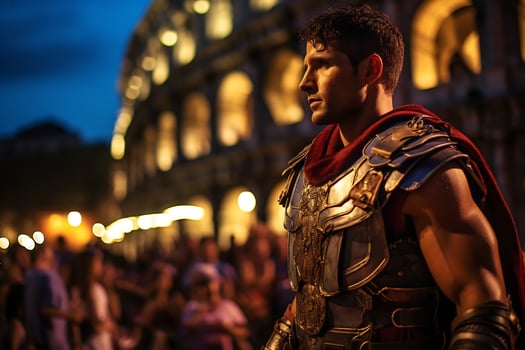 a street performer dressed as a Roman gladiator A photo of a runner sprinting through a city park AI Generative
