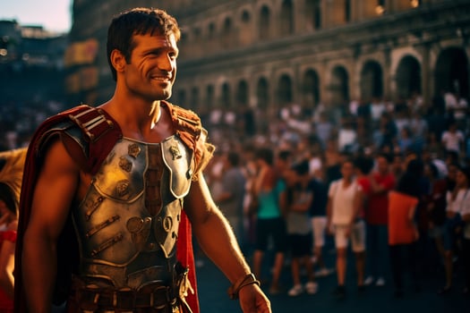 a street performer dressed as a Roman gladiator A photo of a runner sprinting through a city park AI Generative