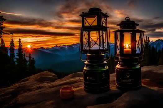 two lanterns sit on top of a mountain with a sunset in the background. AI-Generated photo