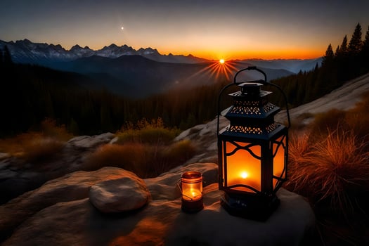the lanterns are lit at sunset in the mountains. AI-Generated photo