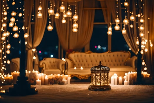 a room with candles and a couch. AI-Generated photo