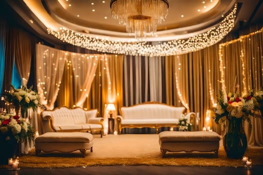 a wedding reception room with white couches and chandelier. AI-Generated photo