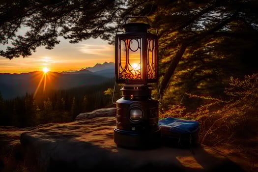 a lantern is lit up at sunset in the mountains. AI-Generated photo