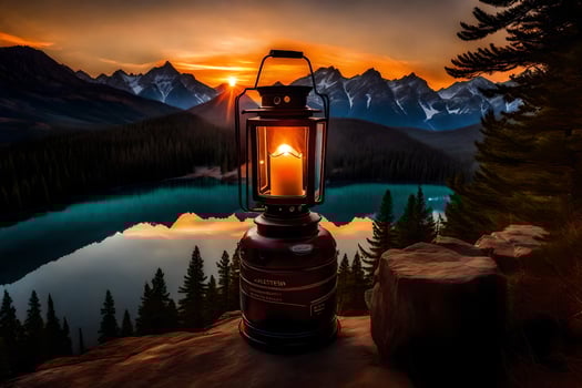 a lantern is lit on a mountain overlooking a lake. AI-Generated photo