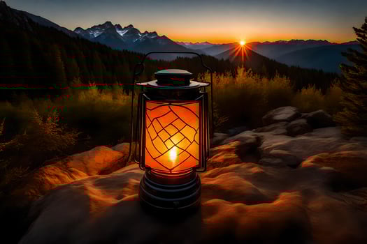a lantern is lit on a rock in front of a mountain. AI-Generated photo