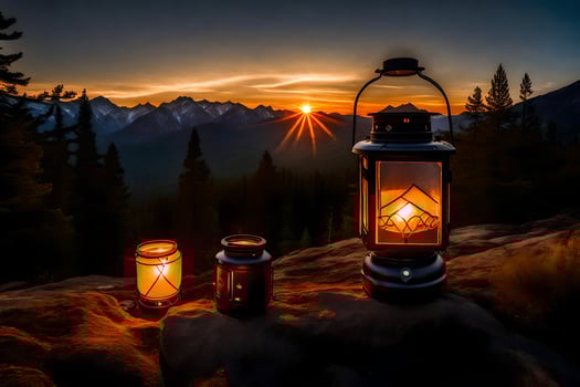 lanterns on a mountain top at sunset. AI-Generated photo