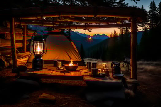 a campfire and a tent in the woods at sunset. AI-Generated photo