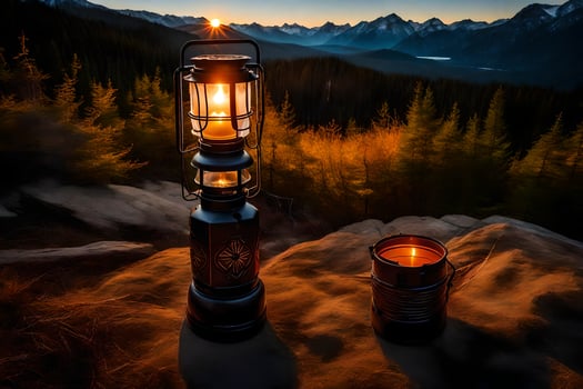 a lantern and a candle sit on top of a mountain. AI-Generated photo