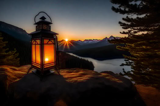 a lantern is lit on a rock overlooking a lake. AI-Generated photo