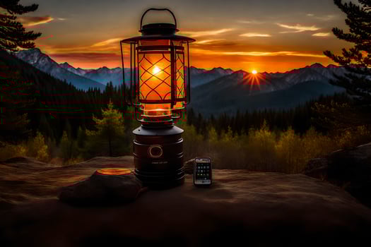 a lantern and a cell phone on a mountain top. AI-Generated photo