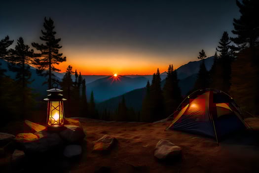 the sun sets over the mountains and the campfire is lit. AI-Generated photo