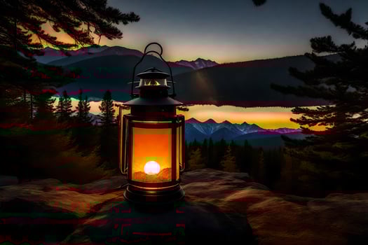 a lantern is lit on a rock in front of a mountain at sunset. AI-Generated photo
