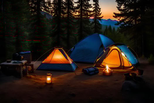 three tents are lit up at night in the woods. AI-Generated photo