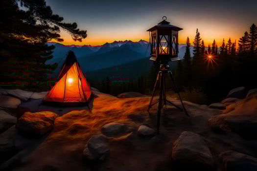 a tent and lantern are set up on a mountain at sunset. AI-Generated photo