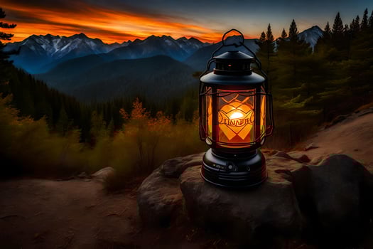 a lantern is lit up in the mountains at sunset. AI-Generated photo
