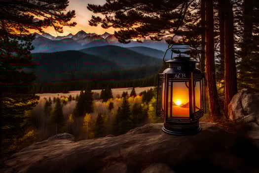 a lantern is lit in the mountains at sunset. AI-Generated photo