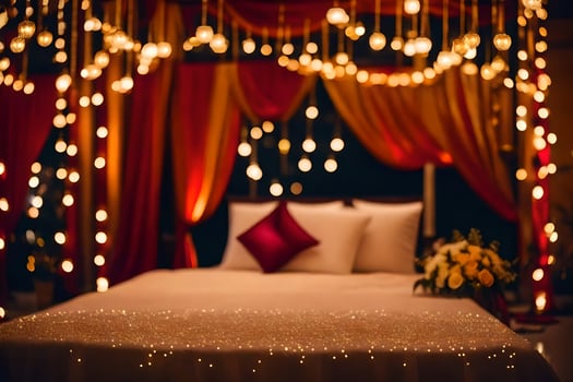 a bed with red and white curtains and lights. AI-Generated photo