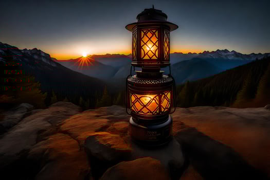 a lantern on top of a mountain with the sun setting behind it. AI-Generated photo