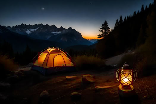 a tent is lit up in the mountains at night. AI-Generated photo