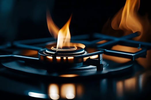 a close up of a gas stove with flames. AI-Generated photo