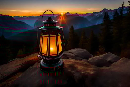 a lantern is lit on a rock in front of a mountain. AI-Generated photo