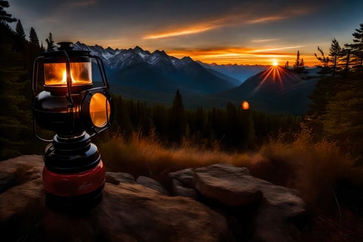 a lantern is lit on a mountain at sunset. AI-Generated photo