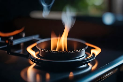 a gas stove with flames coming out of it. AI-Generated photo