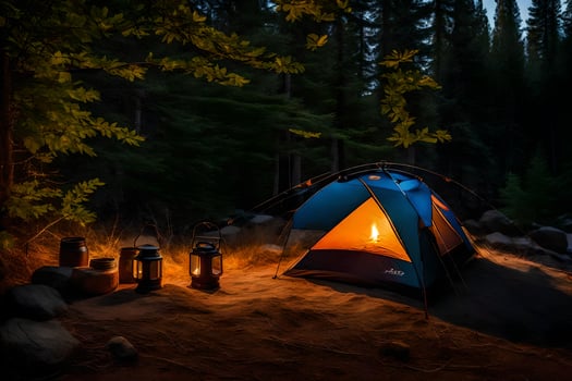 a tent is lit up in the dark with lanterns. AI-Generated photo