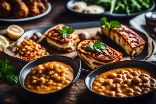 a table with food and bowls of beans. AI-Generated photo
