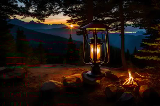 a lantern is lit in the middle of a forest at sunset. AI-Generated photo