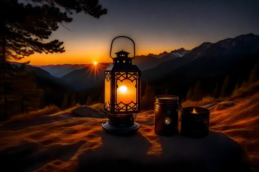 lanterns on the mountain, sunset, mountains, hd wallpaper. AI-Generated photo