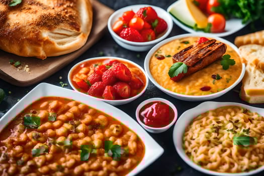 a variety of different foods including beans, bread and tomatoes. AI-Generated photo