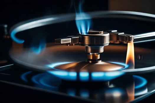 a gas burner on top of a stove with blue flames. AI-Generated photo