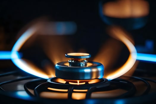 a gas stove with flames and a blue light. AI-Generated photo