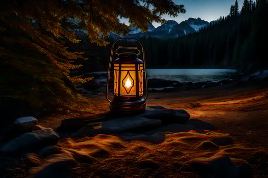 a lantern lit by a fire in the woods. AI-Generated photo