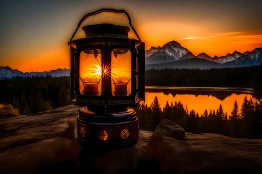 a lantern is lit in front of a lake at sunset. AI-Generated photo