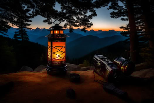 a lantern sits on a rock in front of a mountain. AI-Generated photo