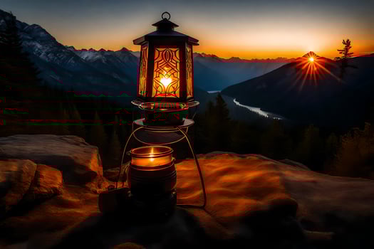a lantern is lit on top of a mountain at sunset. AI-Generated photo