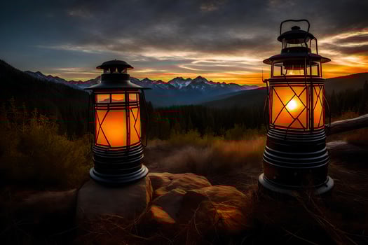 two lanterns sit on top of a mountain at sunset. AI-Generated photo
