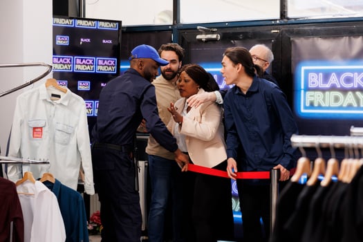 Retail fashion store opening doors for customers on Black Friday, shoppers starting holiday shopping. Diverse people buyers ready to get best deals during seasonal sales, entering clothing shop photo