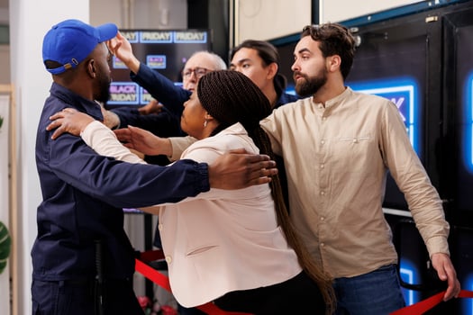Violent shopping. Fight between security guard and crazy frenzy shoppers at retail store entrance. Aggresive diverse people customers fighting with police while waiting in line for Black Friday sales photo