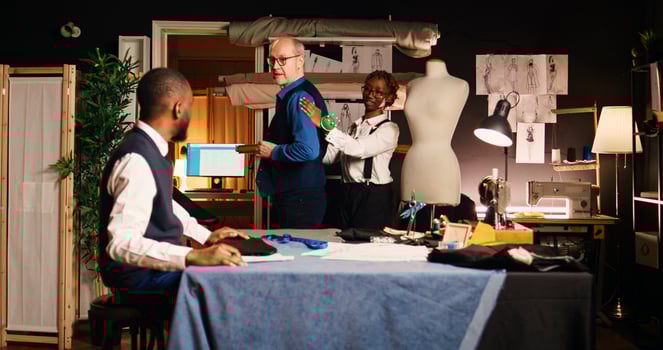 Old client fitting blazer in atelier, ensuring right body sizes at workstation. Luxury couturier and employee working to manufacture tailored clothes for customer, small business. Handheld shot. photo